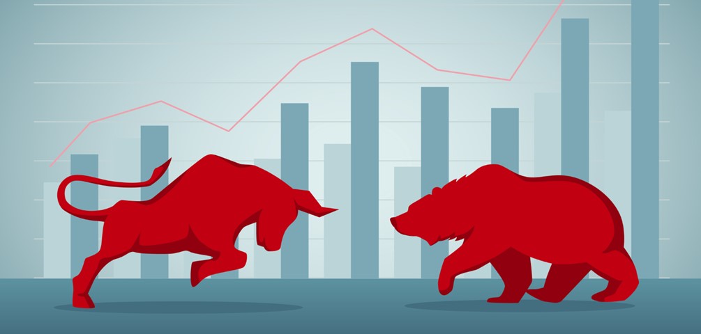 Taming the Bear. red bull and red bear face off in front of bar chart showing rise and fall line.