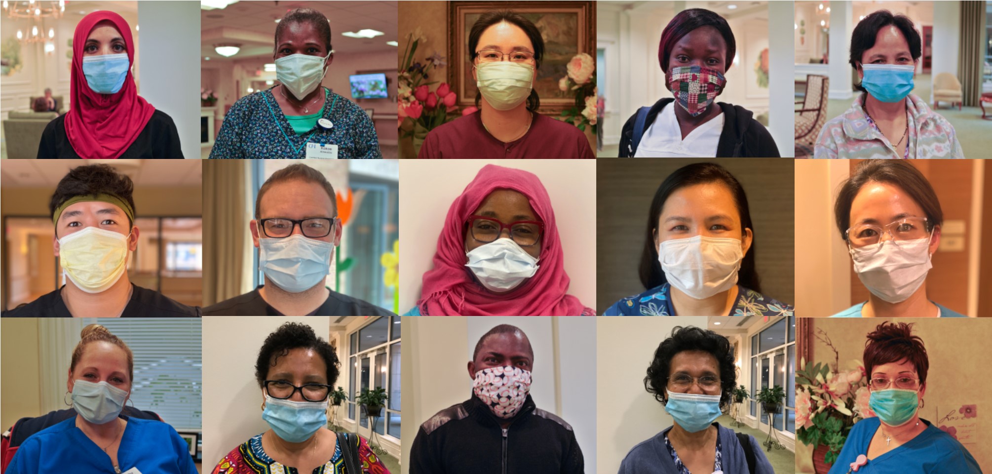 a collage of 15 photos. Each photo shows a nursing staff member wearing a face mask