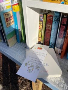 a bookmark explaining how to use the little free library sits on the library shelf