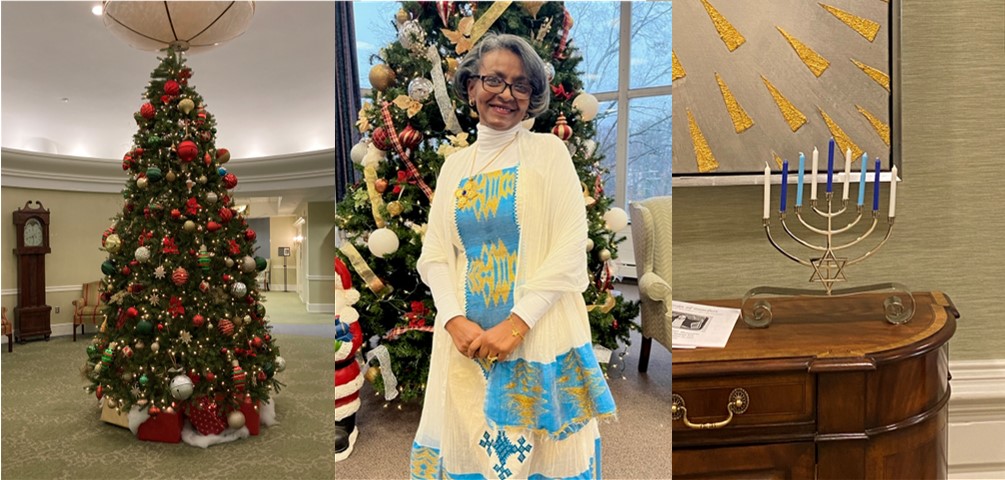 (left) a Christmas tree decorated with ornaments and lights, (middle) a Goodwin Living team member stands in front of a decorated Christmas tree, (right) a menorah sits on a sideboard in front of the GHA chapel.