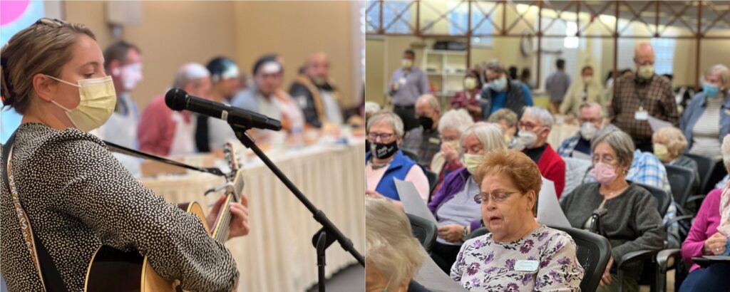 Samantha Tedrow leads group of residents singing as she plays guitar