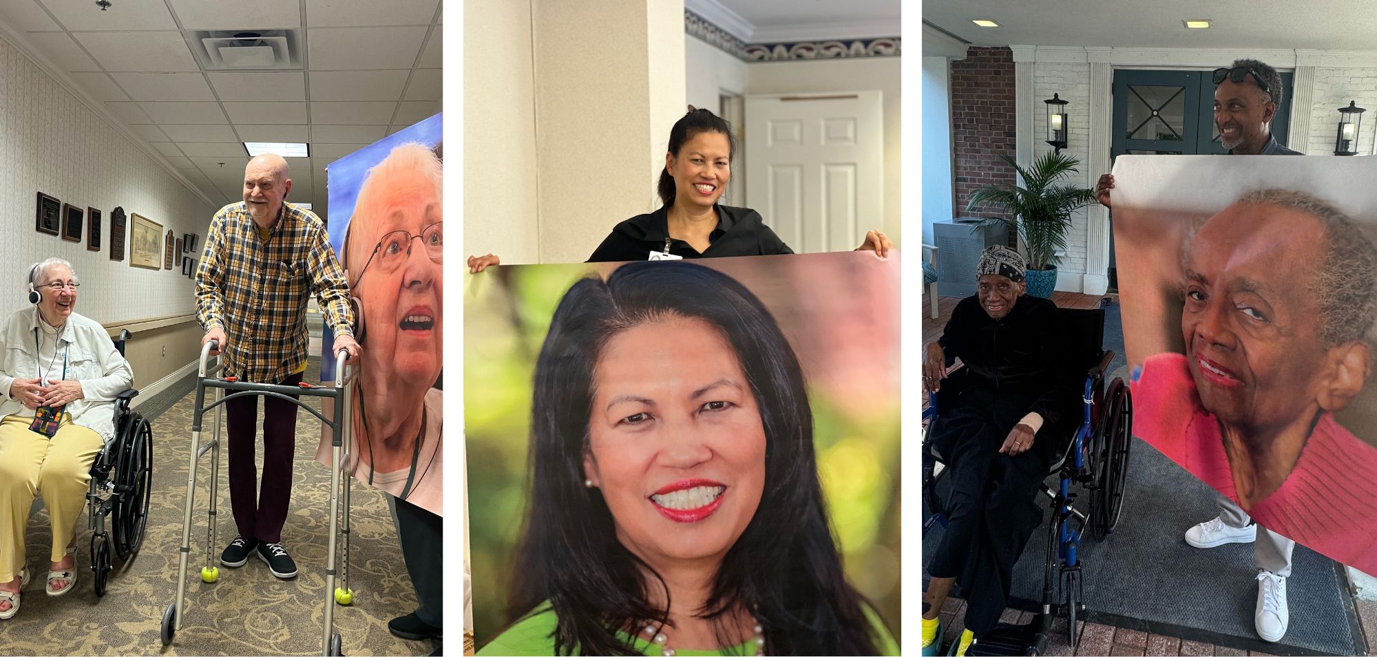 Residents and team members hold up their photos that will go in a public art installation combatting ageism.