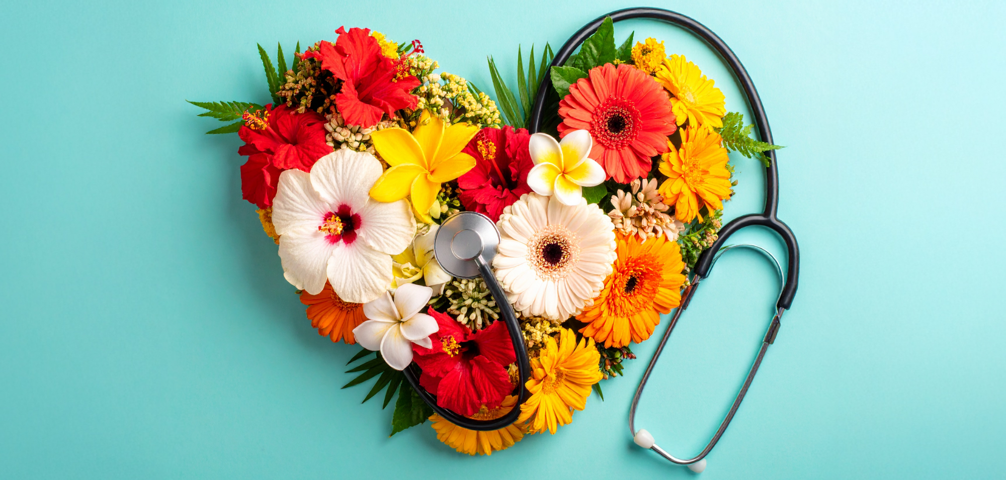 a nurse's journey. a heart made of tropical flowers surrounded by a stethoscope on a light teal background