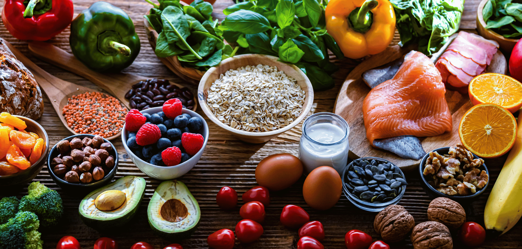 foods popular in a neuroprotective diet: berries, vegetables, leafy greens, salmon, avocado, nuts, etc.