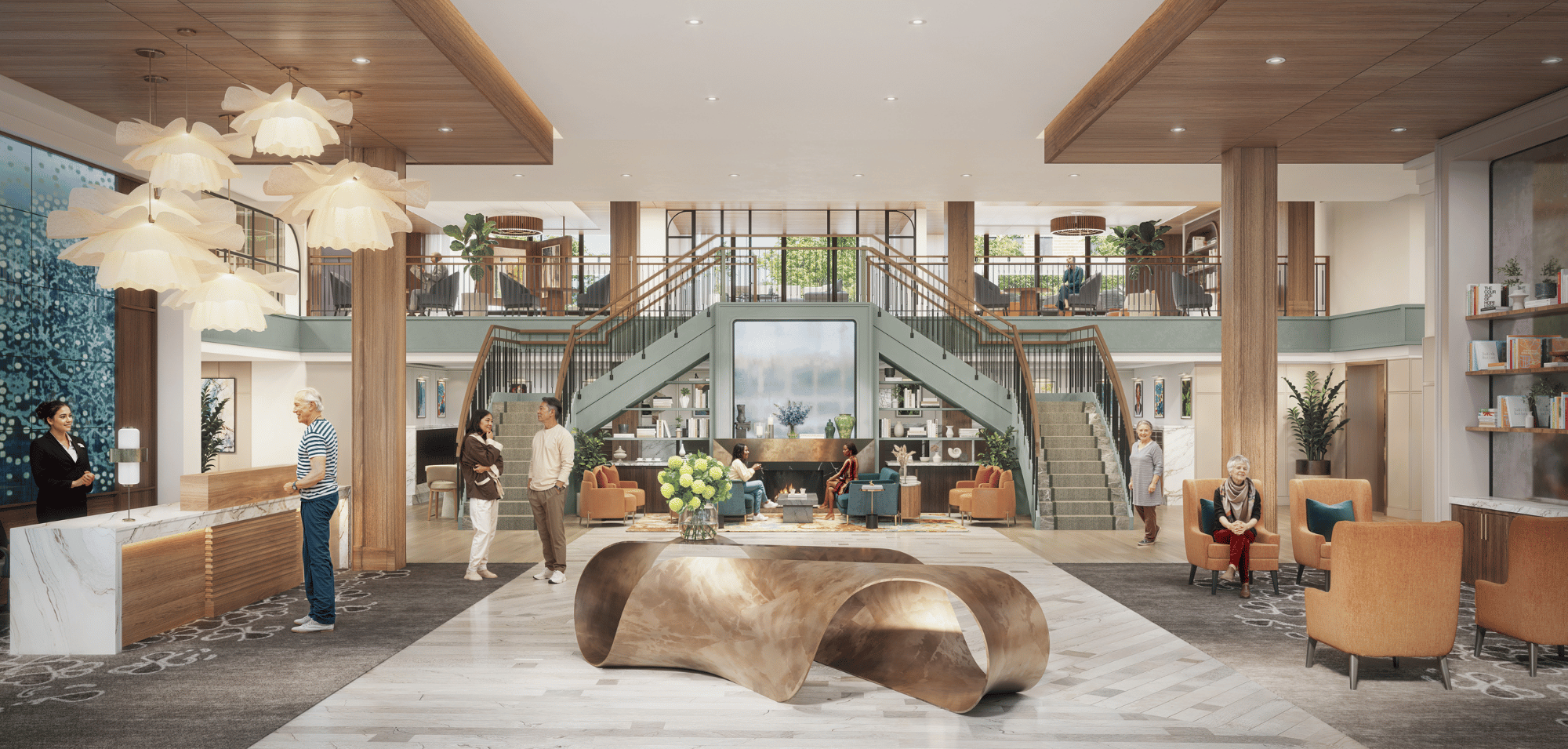 A rendering of what the Goodwin House Seminary Road lobby will look like. Upscale furnishings with a multicultural design.