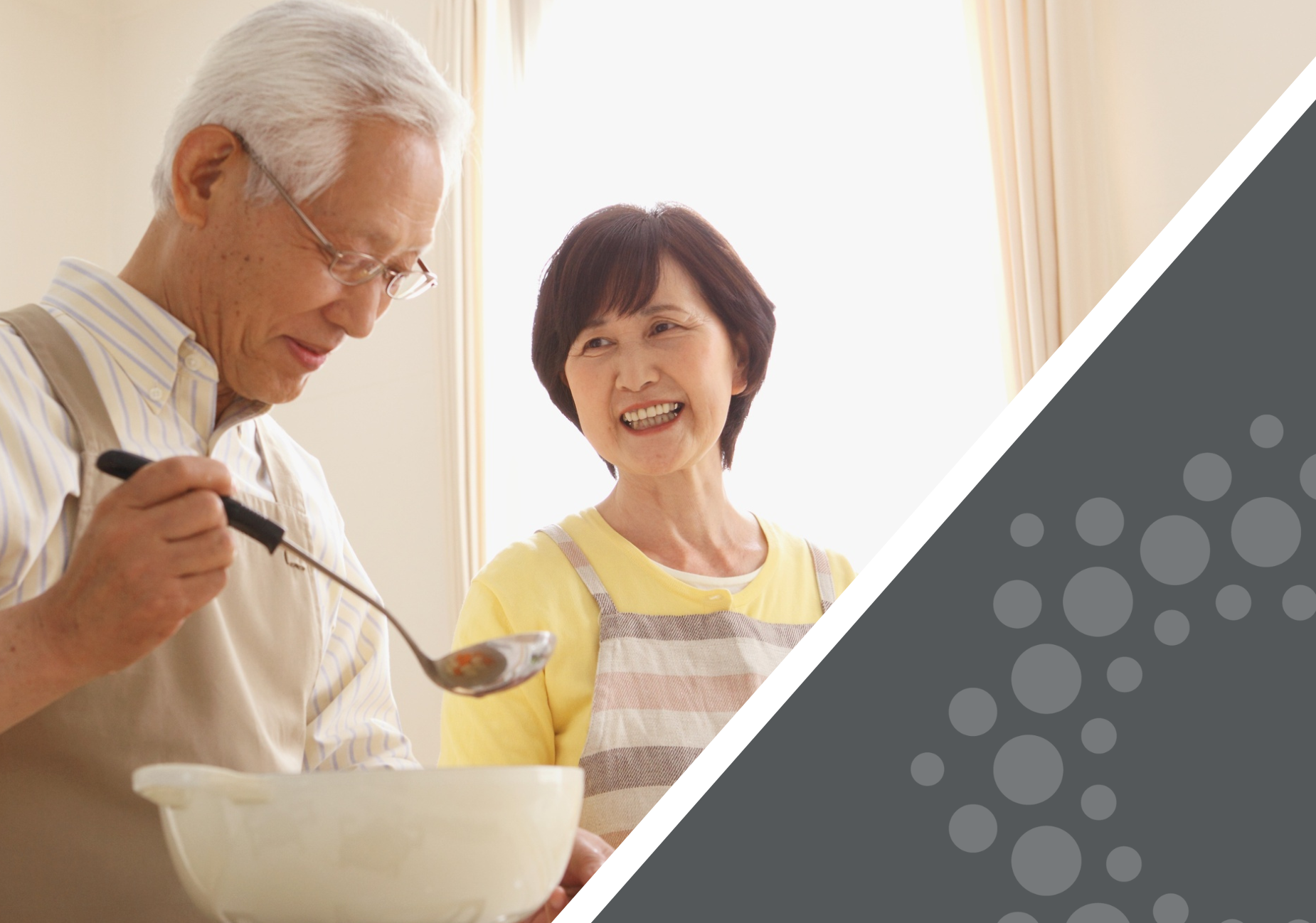 senior man ladles soup while his wife smiles at him