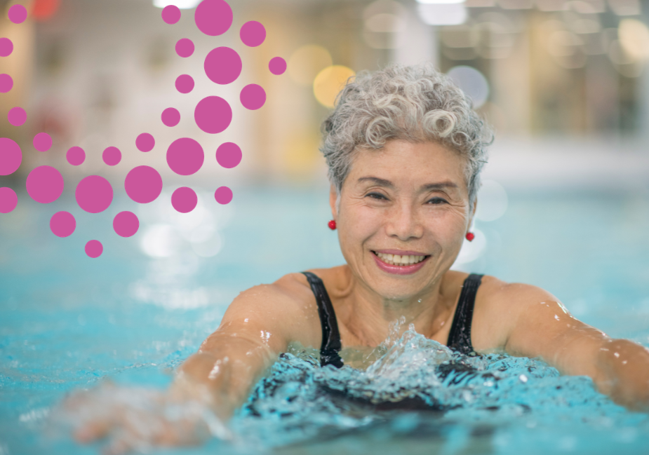 make aging at home a breeze. A senior woman smiles at the camera as she swims in a pool.